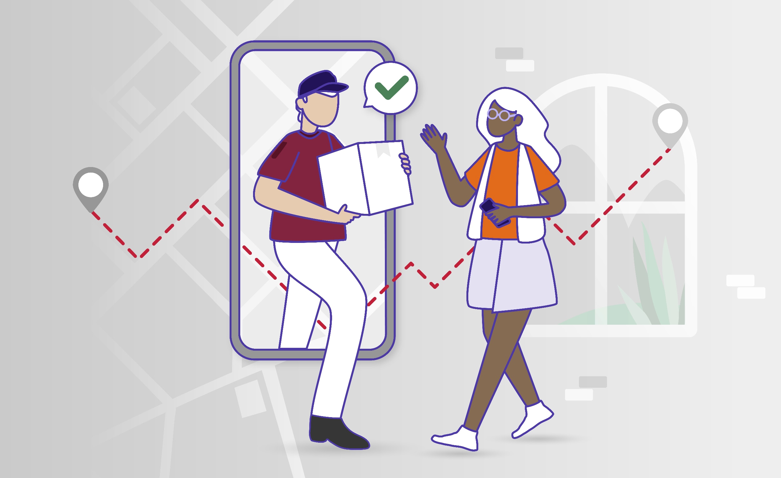 Illustration: eine Kundin nimmt eine Lieferung entgegen, die ihr ein Zusteller über ein digitales System übergibt