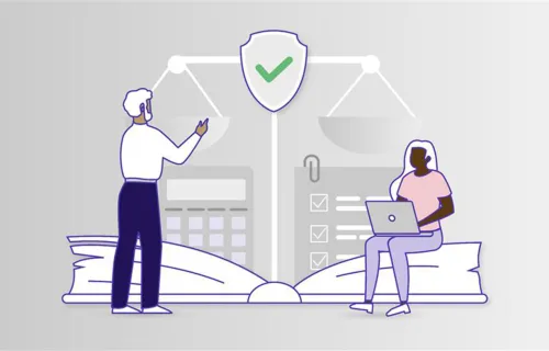 Illustration av två personer som samarbetar med datorer och dokument under en balansvåg med en…