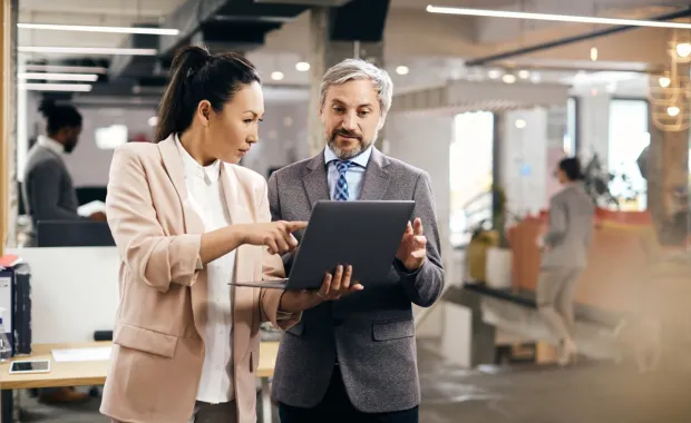 Executives discussing business on a laptop