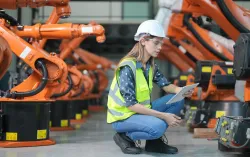 Female engineer working at AI robotic factory