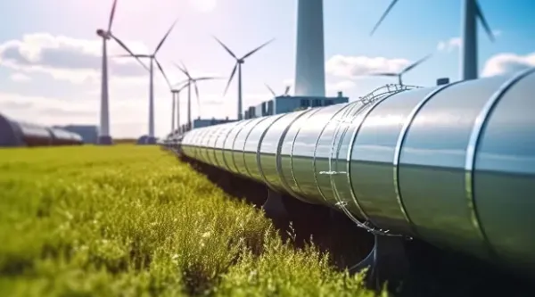 hydrogen pipeline in a field with wind turbines in the background