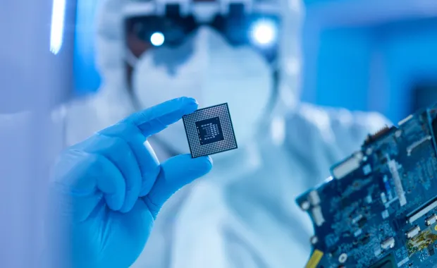 Manufacturing scientist works with microelectronics and processors