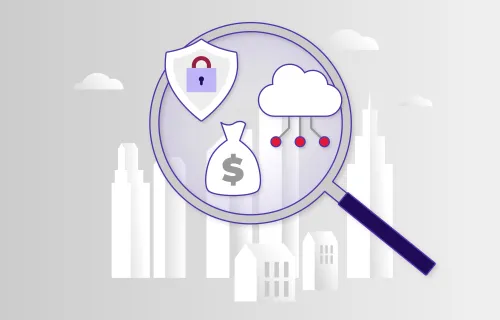 Illustration av ett förstoringsglas som visar tre ikoner: ett lås som symboliserar säkerhet,…