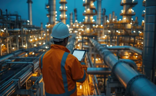 worker on an oil rig holding a tablet