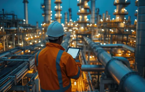 worker on an oil rig holding a tablet